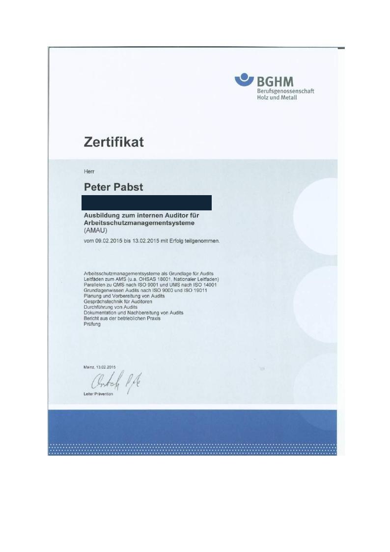 Interner Auditor für Arbeitsschutzmanagementsysteme